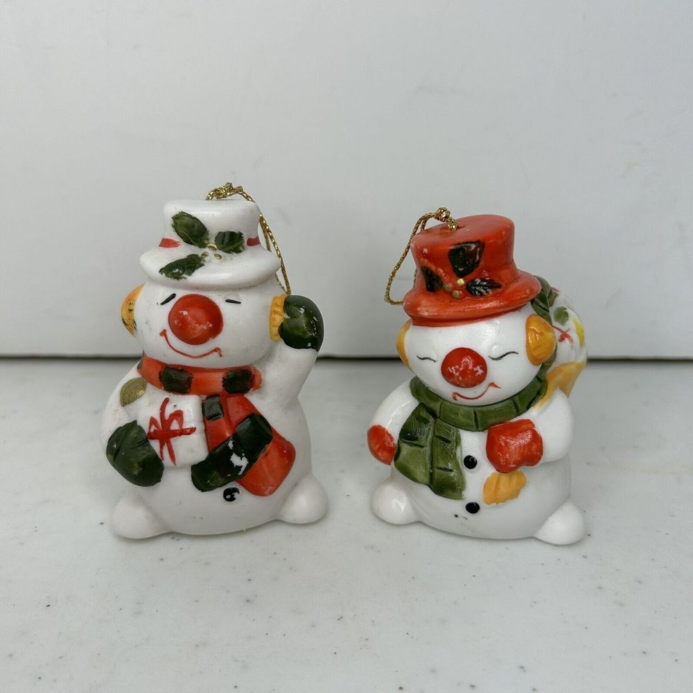 2 Christmas Tree Ornament Snowmen Ceramic Bell Holiday Décor